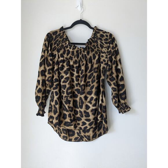 Animal Print Shein Peasant Blouse Womens Leopard Off Elastic Smocked Shoulder XL - Picture 5 of 7
